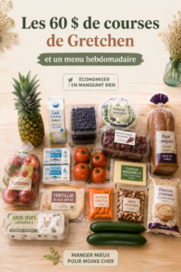 Plan de courses de Gretchen sur une table avec aliments frais et sains.
