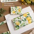 Sac de courses en tissu, cousu à la main avec des motifs colorés.