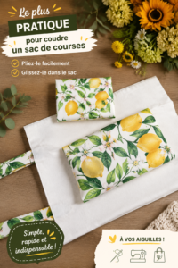 Sac de courses en tissu, cousu à la main avec des motifs colorés.