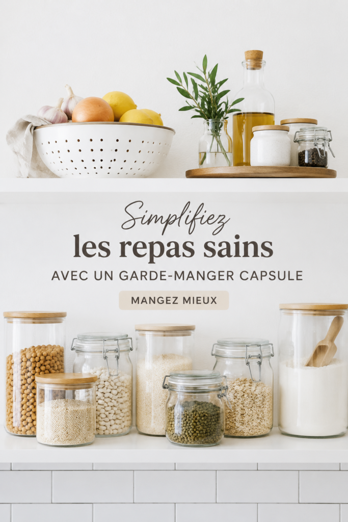 Vue d'un garde-manger organisé avec des ingrédients essentiels pour une cuisine pratique.