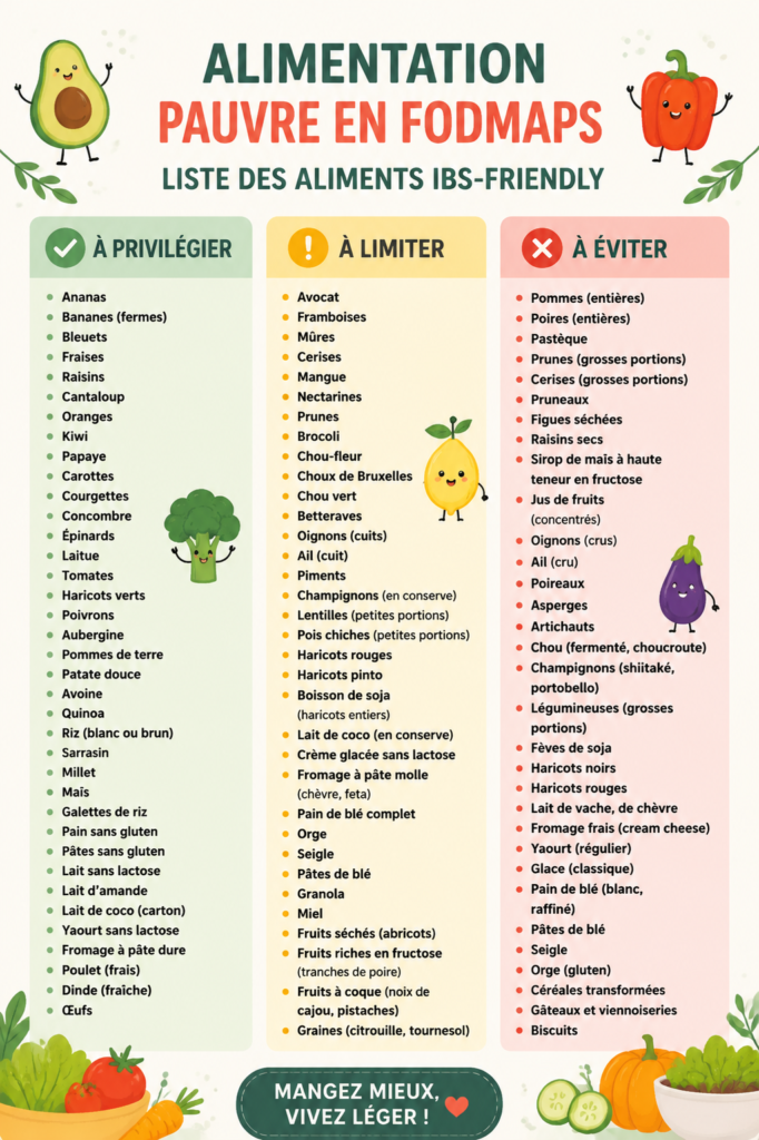 Liste d'aliments Low FODMAP à imprimer pour un régime adapté à la santé intestinale