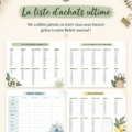 Un Bullet Journal ouvert avec une liste de courses bien organisée sur une page