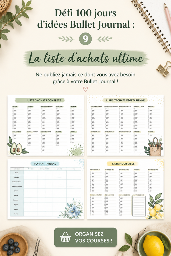 Un Bullet Journal ouvert avec une liste de courses bien organisée sur une page