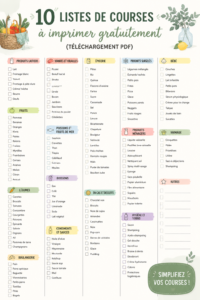 Modèle de liste de courses à imprimer avec des sections pour différentes catégories.