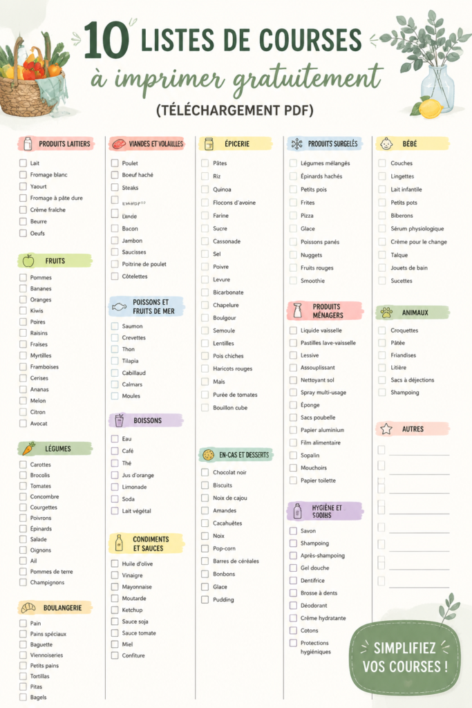 Modèle de liste de courses à imprimer avec des sections pour différentes catégories.
