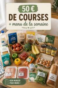 Une femme souriante planifie son menu hebdomadaire avec des courses bien organisées, respectant un budget de 50 €.