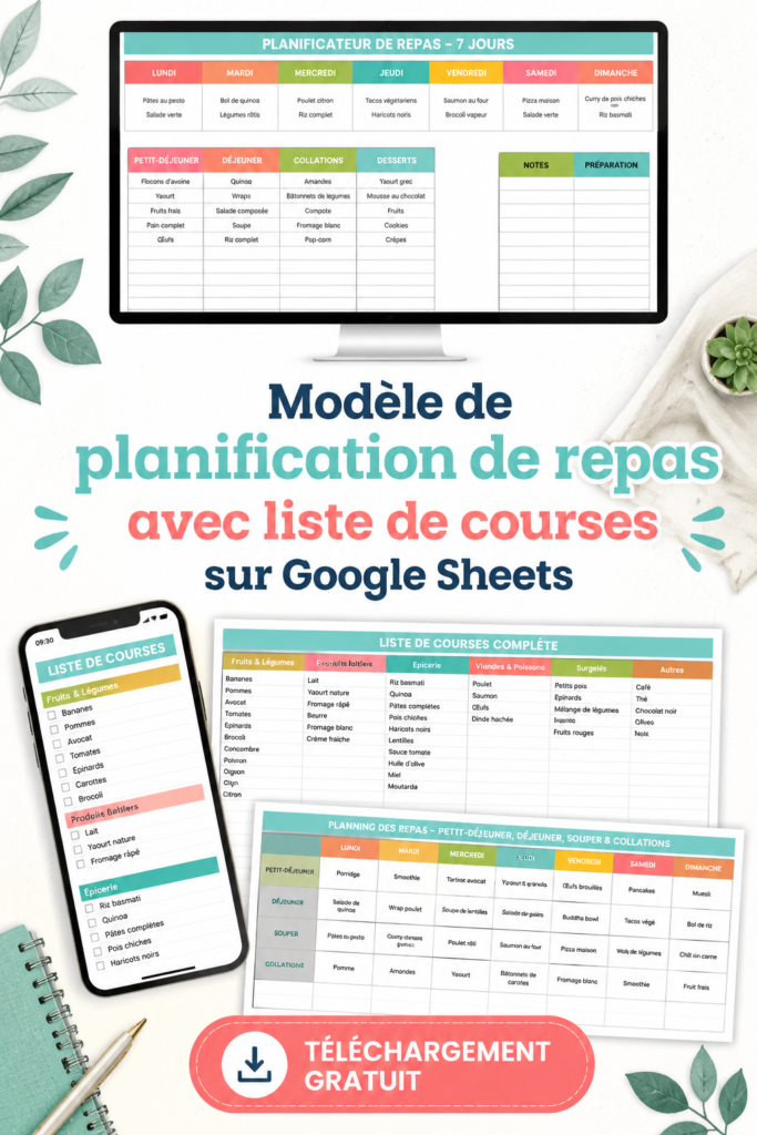 Modèle gratuit de planification des repas sur Google Sheets avec un design chaleureux.