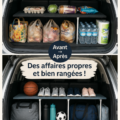 Cuisine organisée avec des casseroles et poêles suspendues sur une barre de rangement
