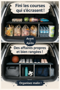 Cuisine organisée avec des casseroles et poêles suspendues sur une barre de rangement