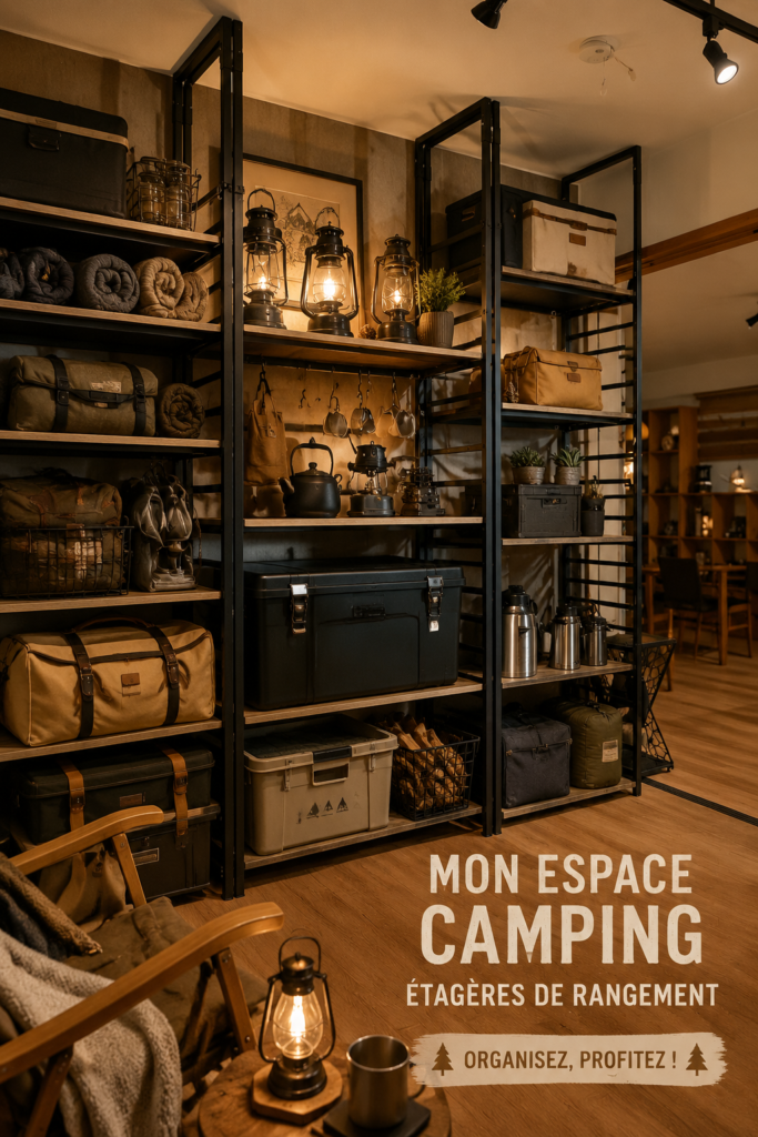 Espace de camping organisé avec des accessoires de rangement pratiques.