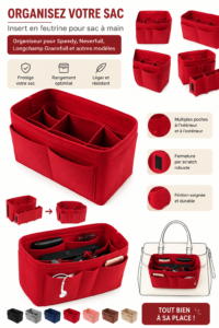 Un sac à main avec un organisateur coloré à l'intérieur, montrant un rangement élégant et pratique.