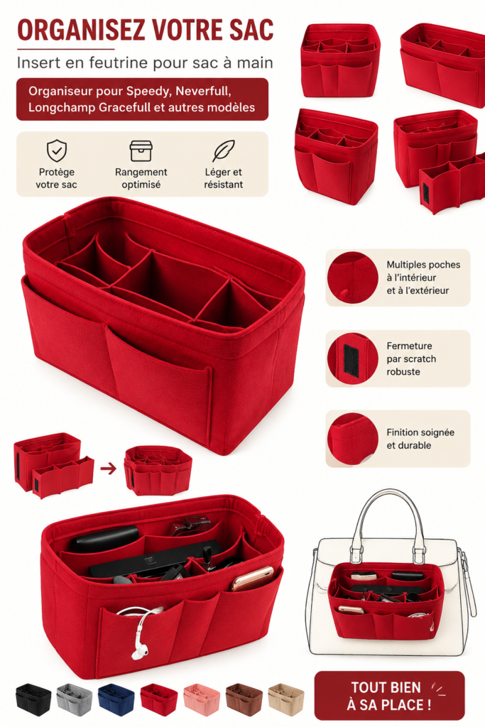 Un sac à main avec un organisateur coloré à l'intérieur, montrant un rangement élégant et pratique.