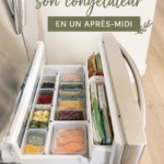Un congélateur bien organisé avec des boîtes étiquetées de nourriture. Optimisez votre espace.