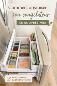 Un congélateur bien organisé avec des boîtes étiquetées de nourriture. Optimisez votre espace.