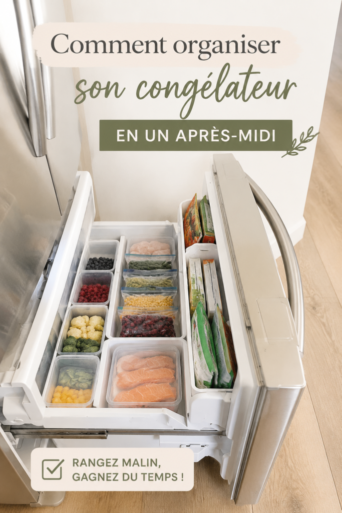 Un congélateur bien organisé avec des boîtes étiquetées de nourriture. Optimisez votre espace.