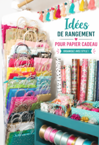 Un coin de rangement pratique pour le papier cadeau avec des étagères colorées.