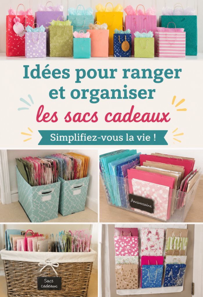Espace de rangement organisé pour sacs à cadeaux dans un intérieur chaleureux et pratique