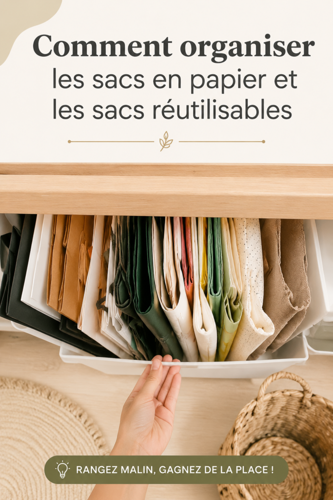Photo de sacs en papier et réutilisables bien organisés dans une cuisine