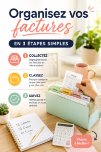 Image d'une femme organisant des factures sur un bureau bien rangé, représentant une méthode simple pour gérer les documents.
