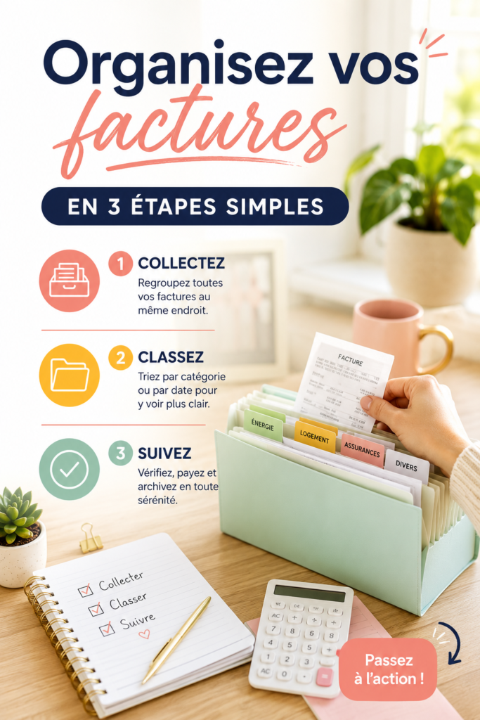Image d'une femme organisant des factures sur un bureau bien rangé, représentant une méthode simple pour gérer les documents.