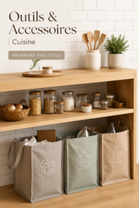 Outils essentiels et accessoires de cuisine sur un plan de travail moderne.