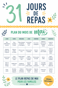 Image d'un plan de repas mensuel avec des recettes variées pour la famille