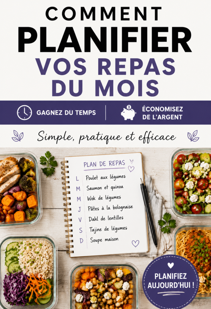 Femme souriante en train de planifier ses repas mensuels sur une table