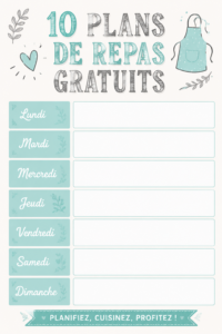 Un tableau de menus hebdomadaire rempli d'idées de repas équilibrés et savoureux.