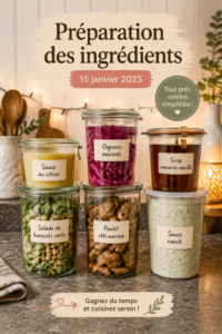 Ingrédients frais préparés pour la cuisine sur un plan de travail.