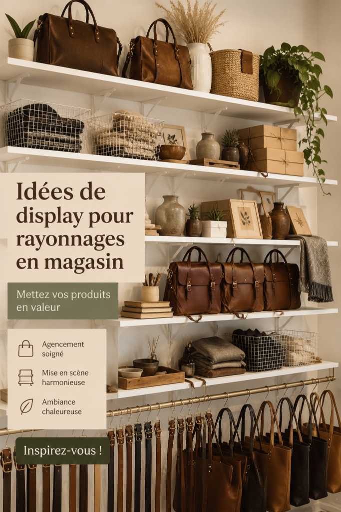 Un magasin avec une présentation de produits stylisée et attrayante avec des étalages bien agencés