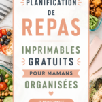 Modèle de printable pour la planification de repas, sur un fond de cuisine familiale.