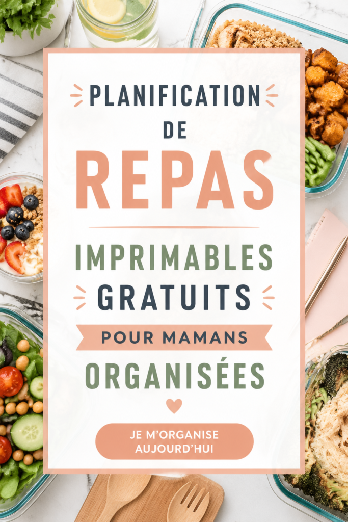 Modèle de printable pour la planification de repas, sur un fond de cuisine familiale.