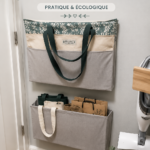 Un espace de rangement bien organisé pour des sacs réutilisables colorés.