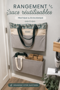 Un espace de rangement bien organisé pour des sacs réutilisables colorés.