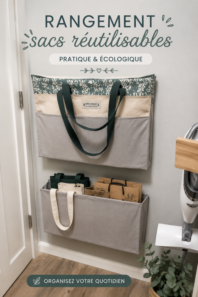 Un espace de rangement bien organisé pour des sacs réutilisables colorés.