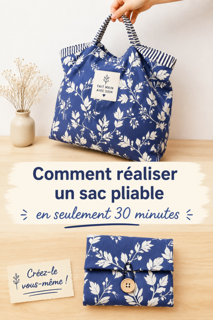 Sac de courses pliable en tissu coloré posé sur une table.
