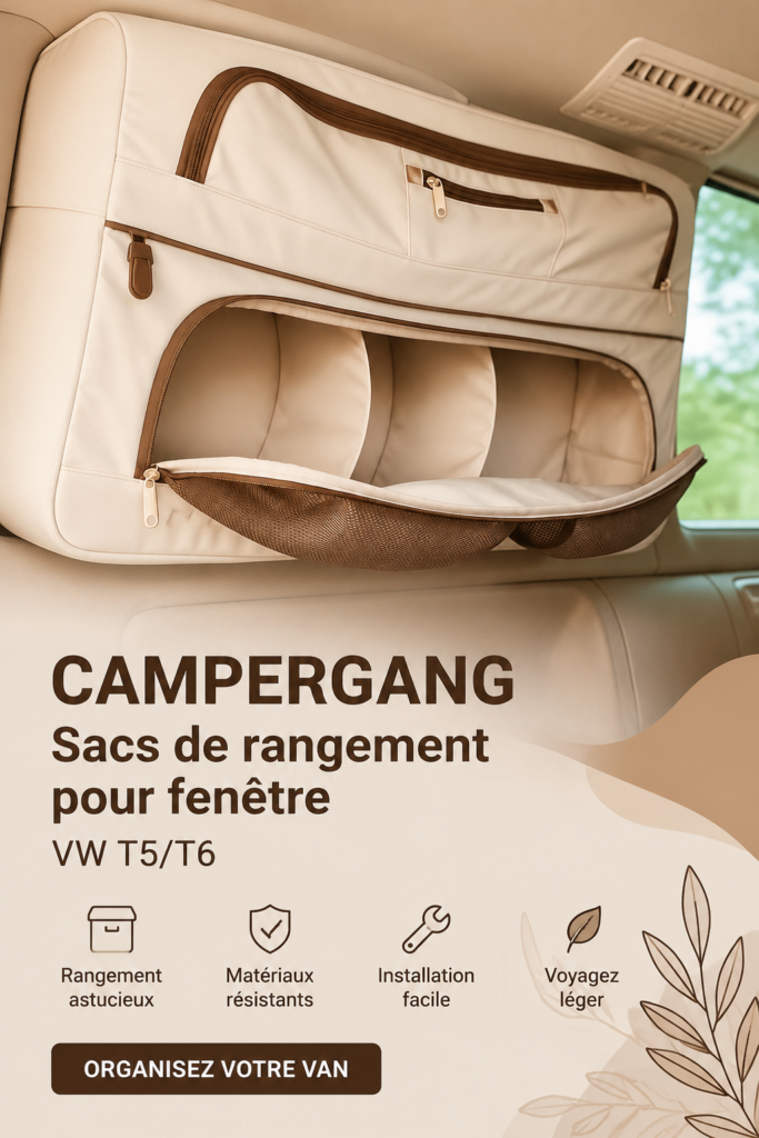 Sacs de rangement pour VW T5/T6 bien organisés à l'intérieur du véhicule.
