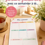 Un semainier élégant sur un bureau bien organisé, reflétant une ambiance chaleureuse.