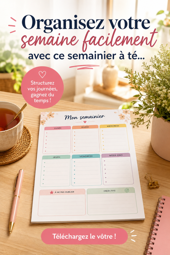 Un semainier élégant sur un bureau bien organisé, reflétant une ambiance chaleureuse.