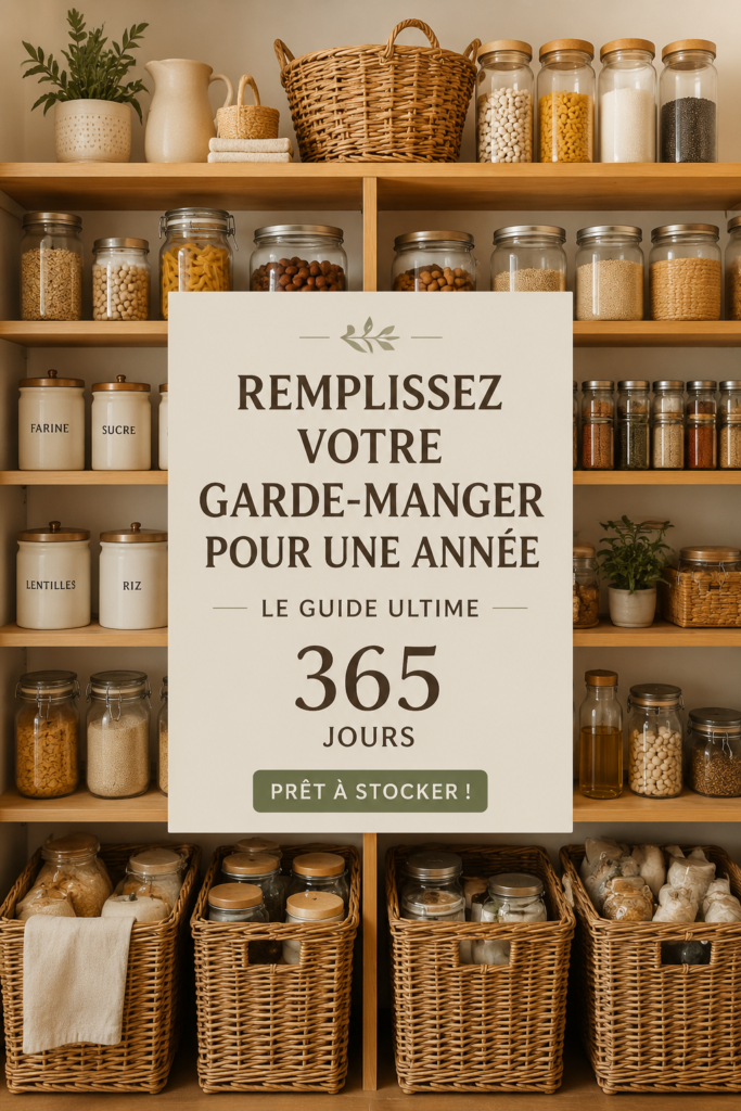 Garde-manger bien organisé avec des étagères pleines de bocaux et d'aliments variés