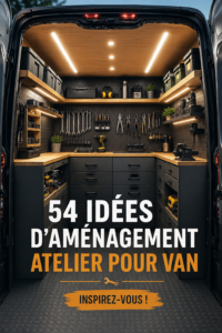 Aménagement intérieur d'un van avec espace de rangement moderne et pratique.