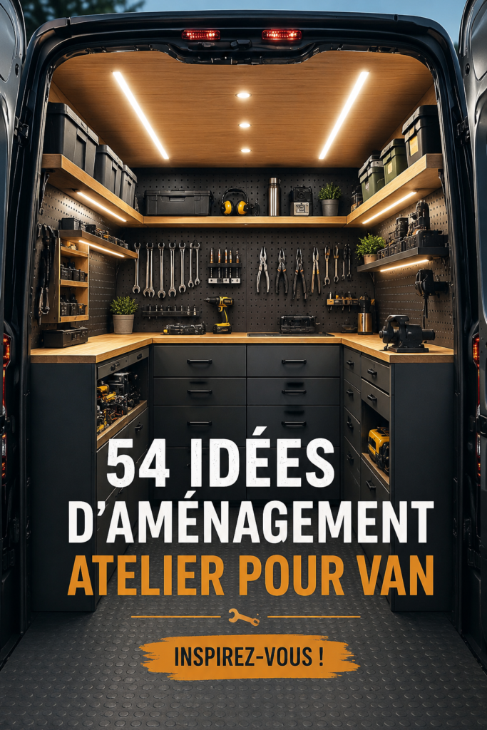 Aménagement intérieur d'un van avec espace de rangement moderne et pratique.