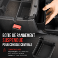Boîte de rangement organisée dans une Jeep Wrangler, offrant un intérieur propre et ordonné.