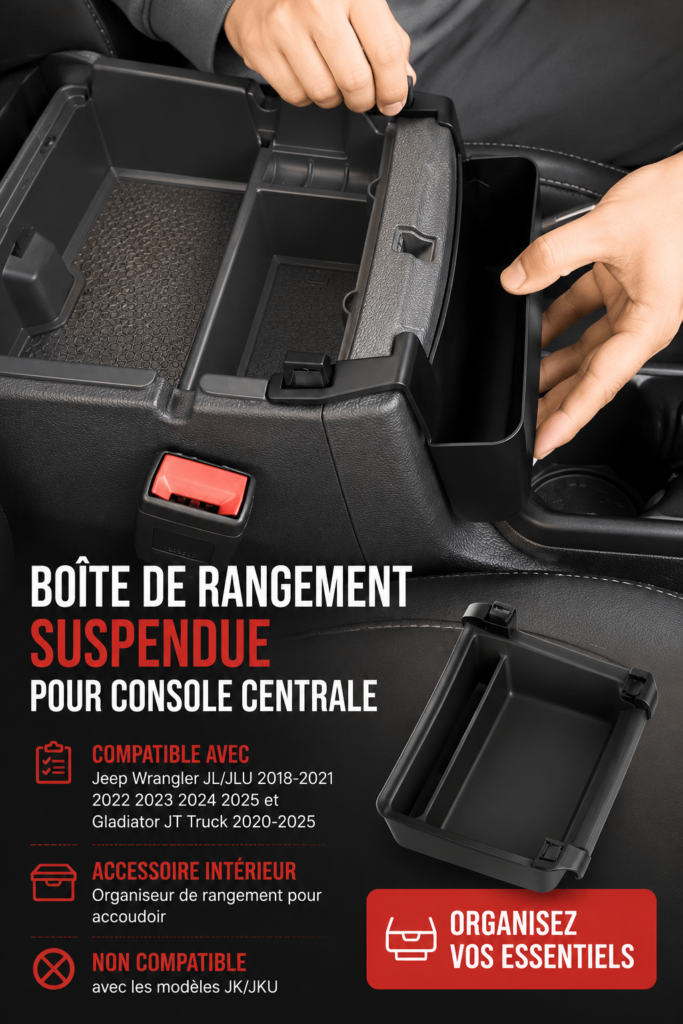 Boîte de rangement organisée dans une Jeep Wrangler, offrant un intérieur propre et ordonné.