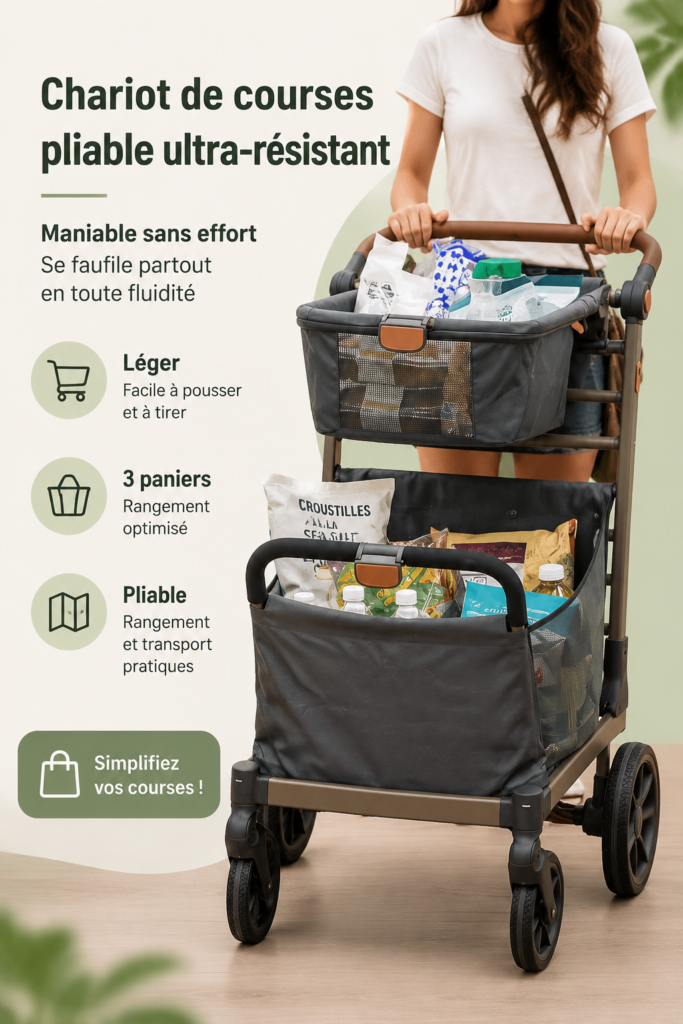 Chariot de courses léger et pratique, idéal pour les emplettes quotidiennes