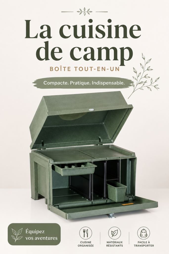 Un Chuck Box bien organisé dans une cuisine chaleureuse, montrant des ustensiles et des ingrédients rangés.