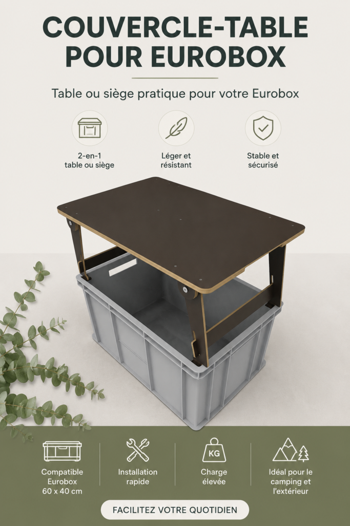 Couvercle pratique pour Eurobox utilisé comme table pendant un camping.
