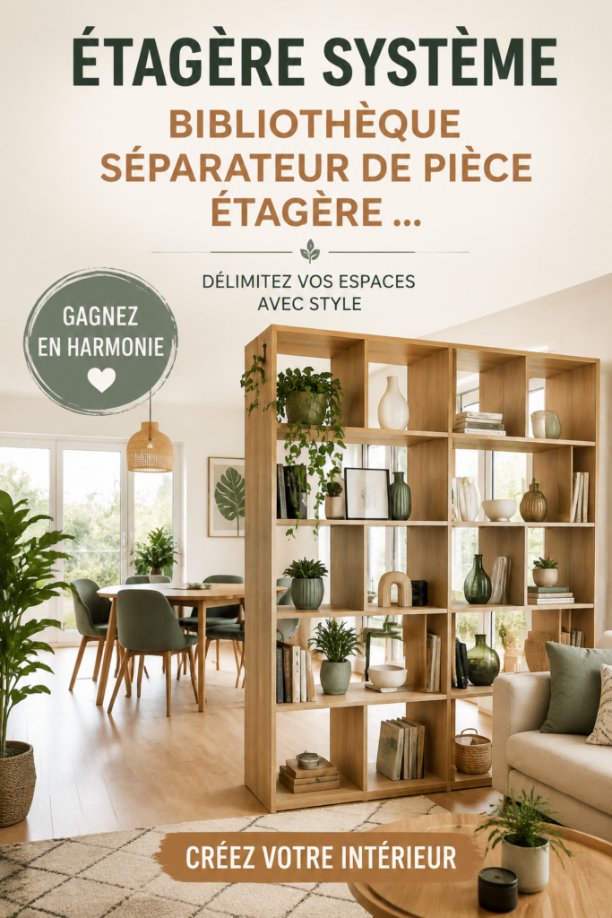 Étagère moderne servant de séparateur de pièce dans un intérieur accueillant