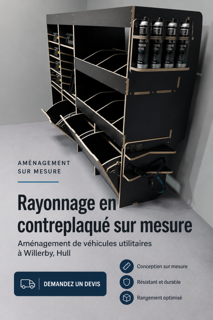 Espace de rangement avec des étagères sur mesure et des objets bien organisés, illustrant l'optimisation du rangement.
