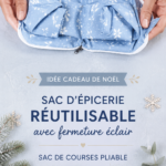 Un sac de courses pliable avec fermeture éclair, en tissu coloré, sur un fond de table festive.